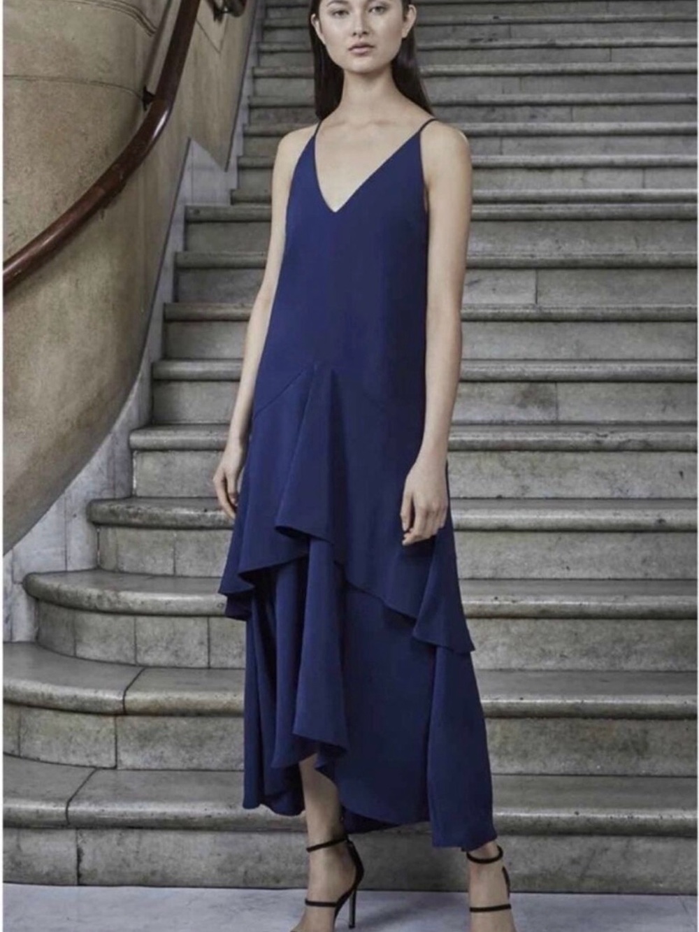KEEPSAKE the Label Navy Asymmetrical Layered V‑Neck Slip Dress